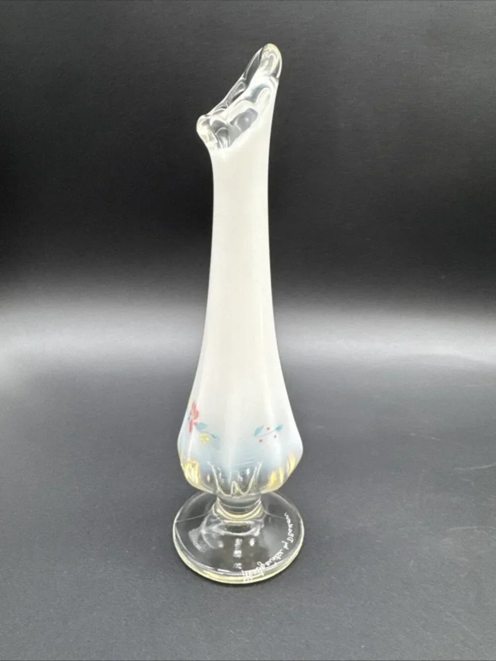 VTG Fenton Glass Opalescent Country Garden Cottage Floral Swung Bud Vase Signed